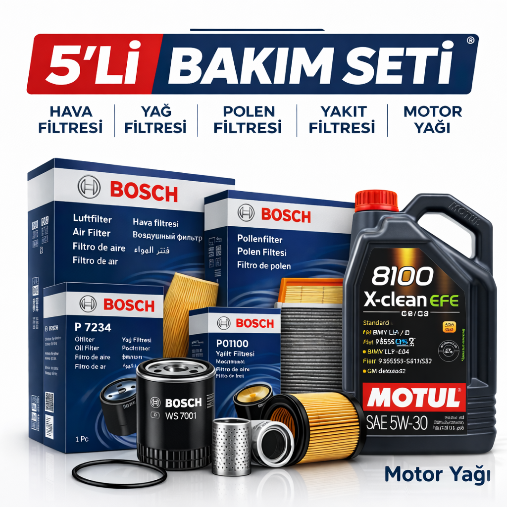 Bosch-5-li-bakim-seti-motul Bosch Audi A5 2.0 Dizel Motul X-Clean 5W-30 Motor Yağı Filtre Seti (2008-2017) 5 Li - Görsel 1