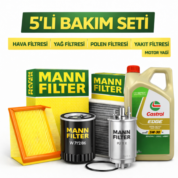 MANN Volkswagen Caddy 2.0 Dizel Castrol Edge 5W-30 Motor Yağı Filtre Seti (2015-2020) 5 Li