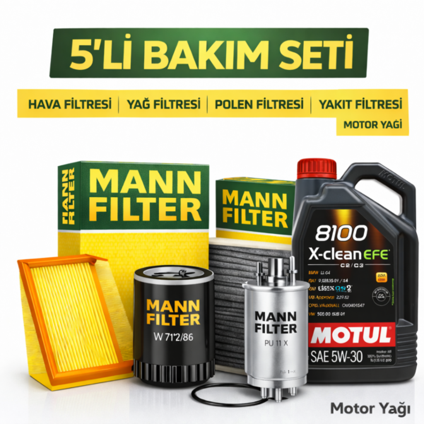 MANN Fiat Egea 1.3 Dizel Motul X-Clean 5W-30 Motor Yağı Filtre Seti (2015-2018) 5 Li