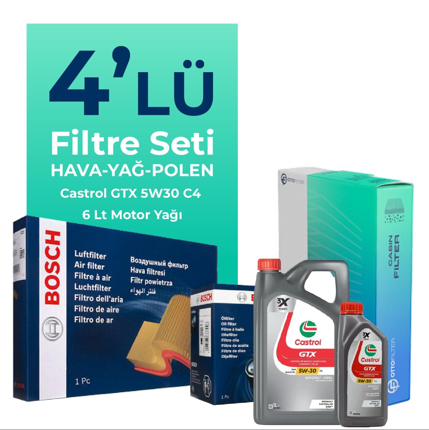 bosch-renault-talisman-1-3-benzin-tce-filtre-bakim-seti-castrol-motor-yagli-2020-2024-4-lu-108967 BOSCH Renault Talisman 1.3 Benzin TCe Filtre Bakım Seti Castrol Motor Yağlı (2020-2024) 4 Lü - Görsel 1