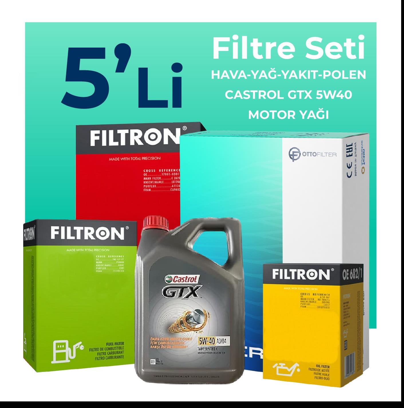 filtron-fiat-idea-1-3-dizel-filtre-bakim-seti-castrol-motor-yagli-2004-2010-5-li-58450 Filtron Fiat Idea 1.3 Dizel Filtre Bakım Seti Castrol Motor Yağlı (2004-2010) 5 Li - Görsel 1