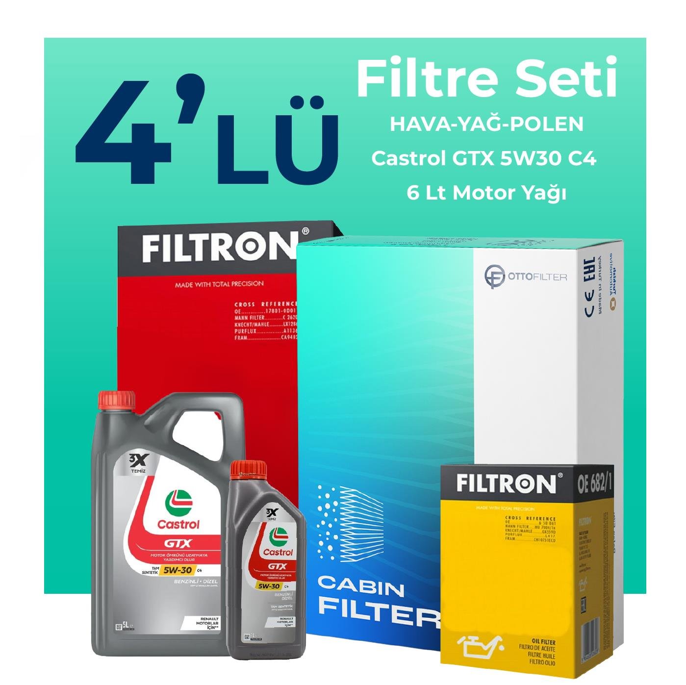 filtron-renault-trafic-1-6-dizel-filtre-bakim-seti-castrol-motor-yagli-2014-2019-4-lu-109017 Filtron Renault Trafic 1.6 Dizel Filtre Bakım Seti Castrol Motor Yağlı (2014-2019) 4 Lü - Görsel 1