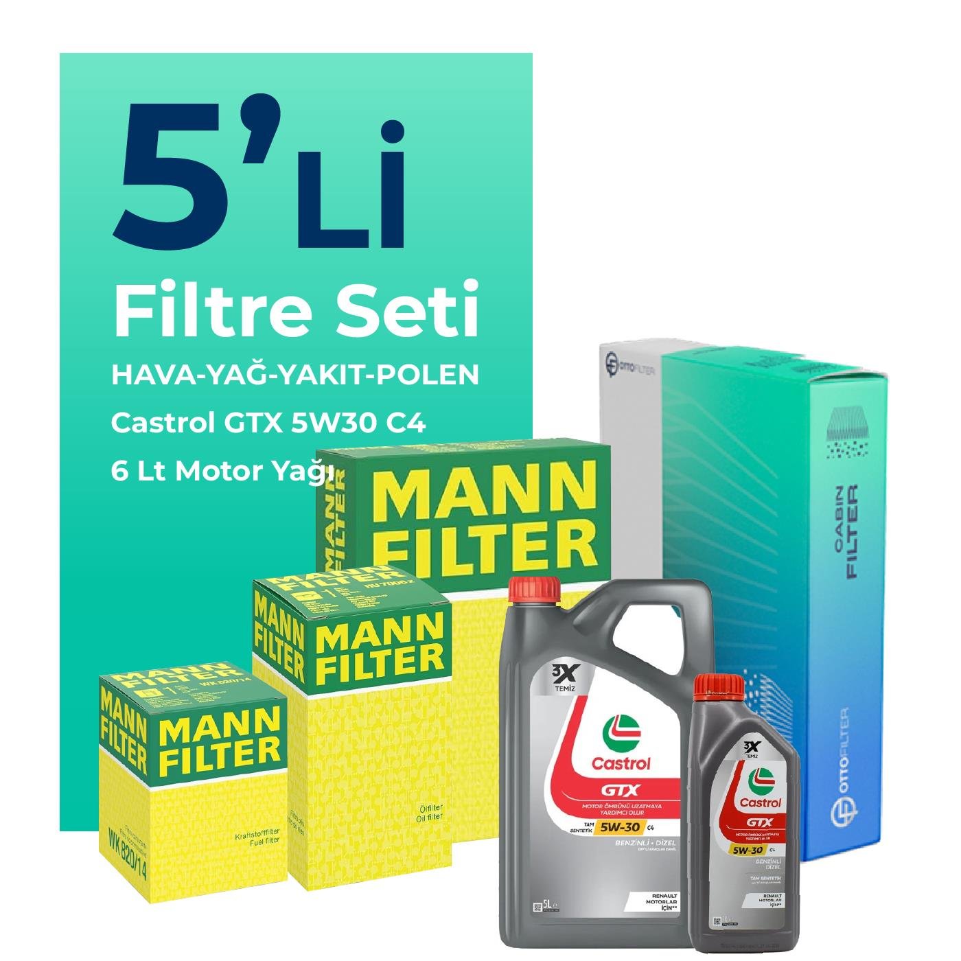 mann-renault-koleos-1-6-dizel-filtre-bakim-seti-castrol-motor-yagli-2016-2018-5-li-108950 MANN Renault Koleos 1.6 Dizel Filtre Bakım Seti Castrol Motor Yağlı (2016-2018) 5 Li - Görsel 1